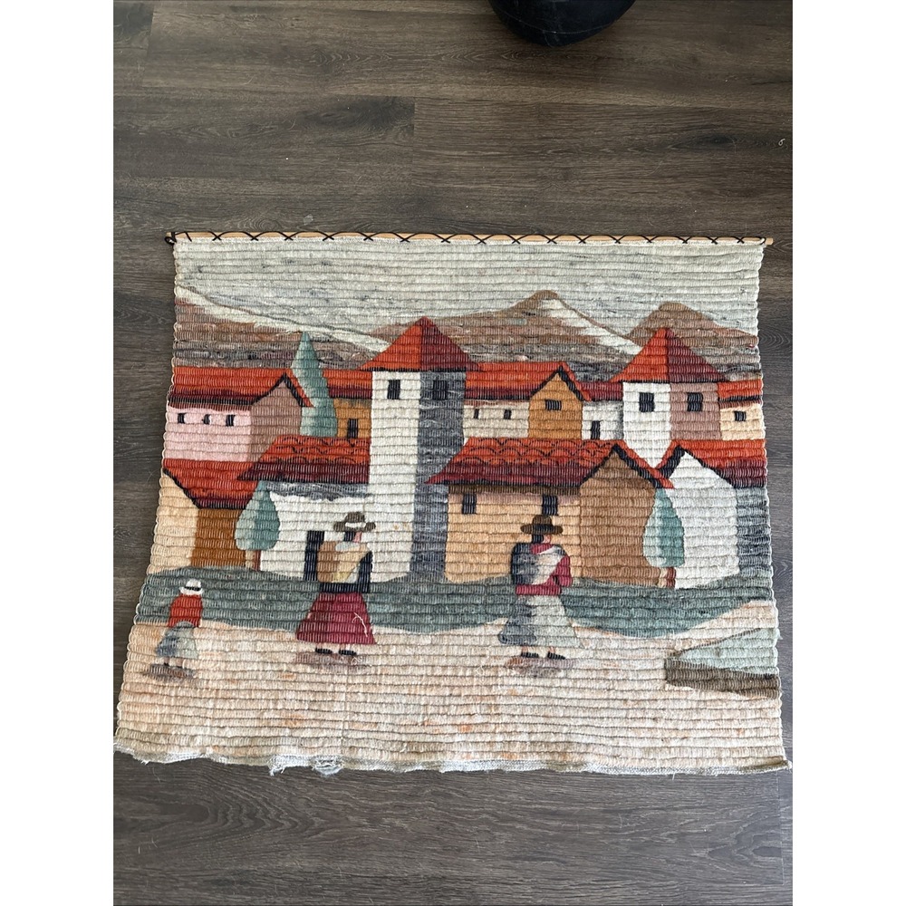 Vintage Handwoven Andean Village Fiber Art Wall Hanging Tapestry Folk Art Boho